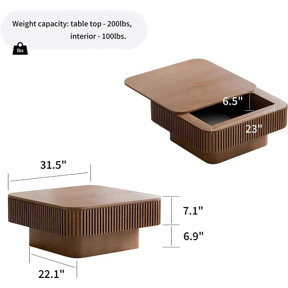 Square Coffee Table for Living Room,Fluted Drum Accent Tea Center Table with Storage,Solid Wood Modern Coffee Tables.