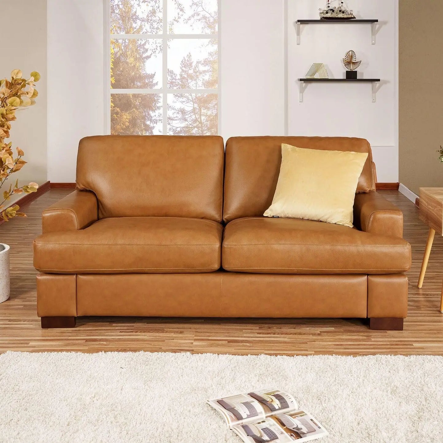 Siggy Genuine Leather Sofa - Set of 3 Luxurious Comfort, Goose Feather Cushion Filling, Square Arm Design, Sturdy Block Legs