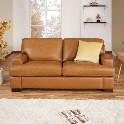 Siggy Genuine Leather Sofa - Set of 3 Luxurious Comfort, Goose Feather Cushion Filling, Square Arm Design, Sturdy Block Legs
