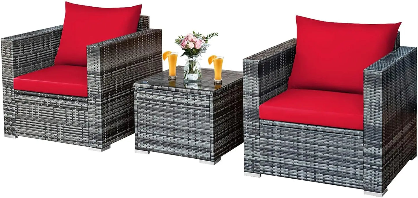 Three Piece Patio Set, Outdoor Rattan Sofa With Cushions, Tempered Glass Coffee Table, Wicker Conversation Furniture