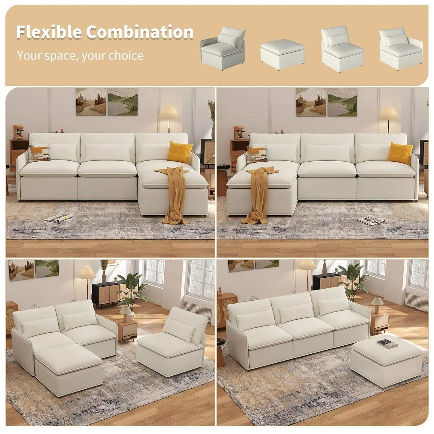 94.5" L Shaped Couch, Modular Sectional Sofa with Moveble Ottoman, Large Deep Seat Chenille Corner Sofa for Living, Customized