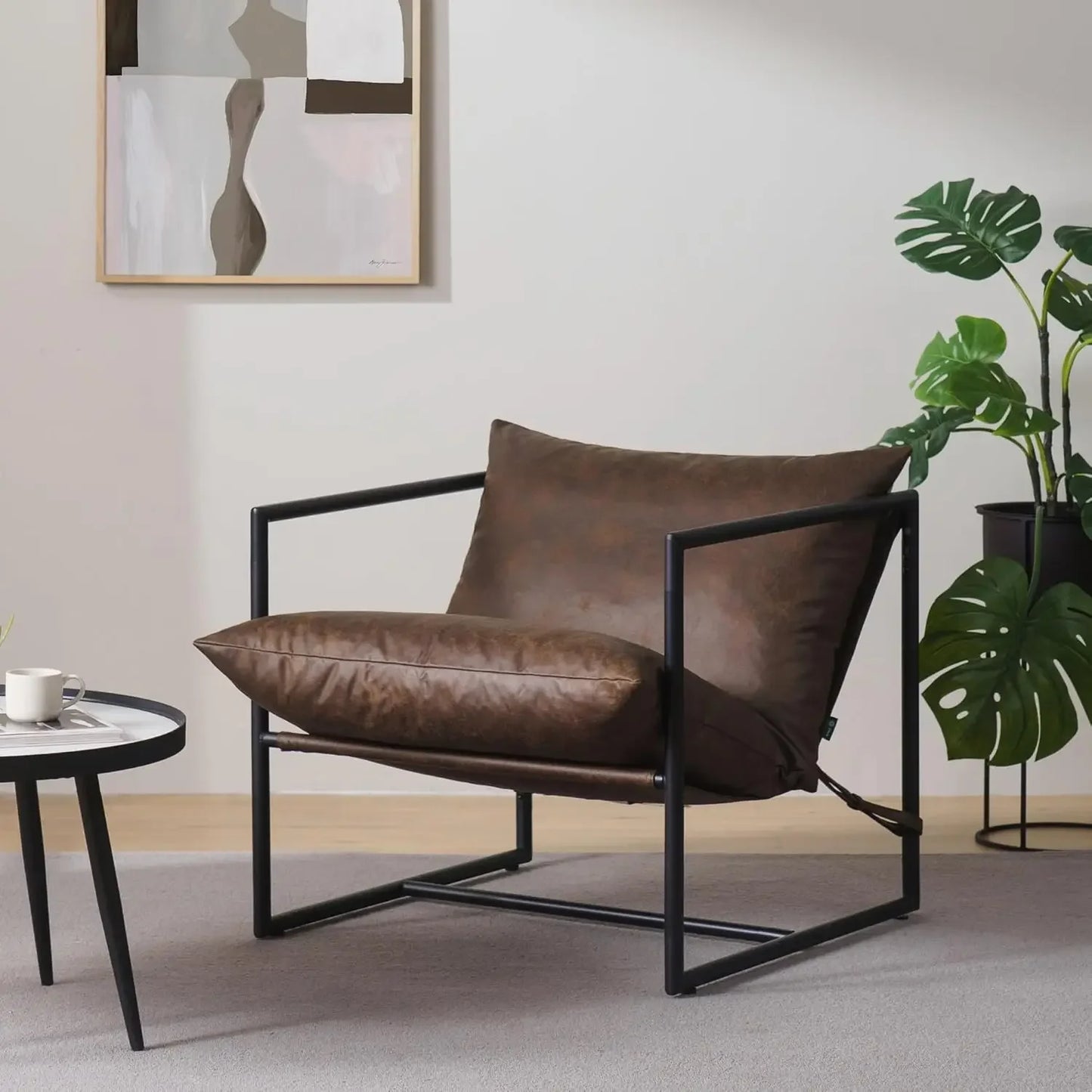 Faux Leather Sling Accent Chair, Metal Framed Armchair with Shredded Foam Cushioning, Cocoa Brown