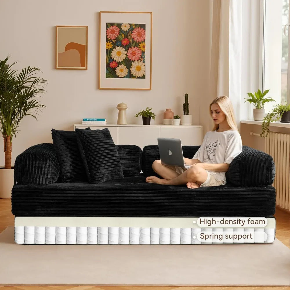 Versatile 4-Way Folding Sofa Bed, 78 Jumbo Corduroy Sleeper Chair, Transformable Loveseat into Floor Bed with Storage Pockets, B