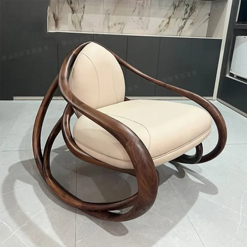 moving rocking chair solid wood balcony home living room leisure nappa leather sofa chair