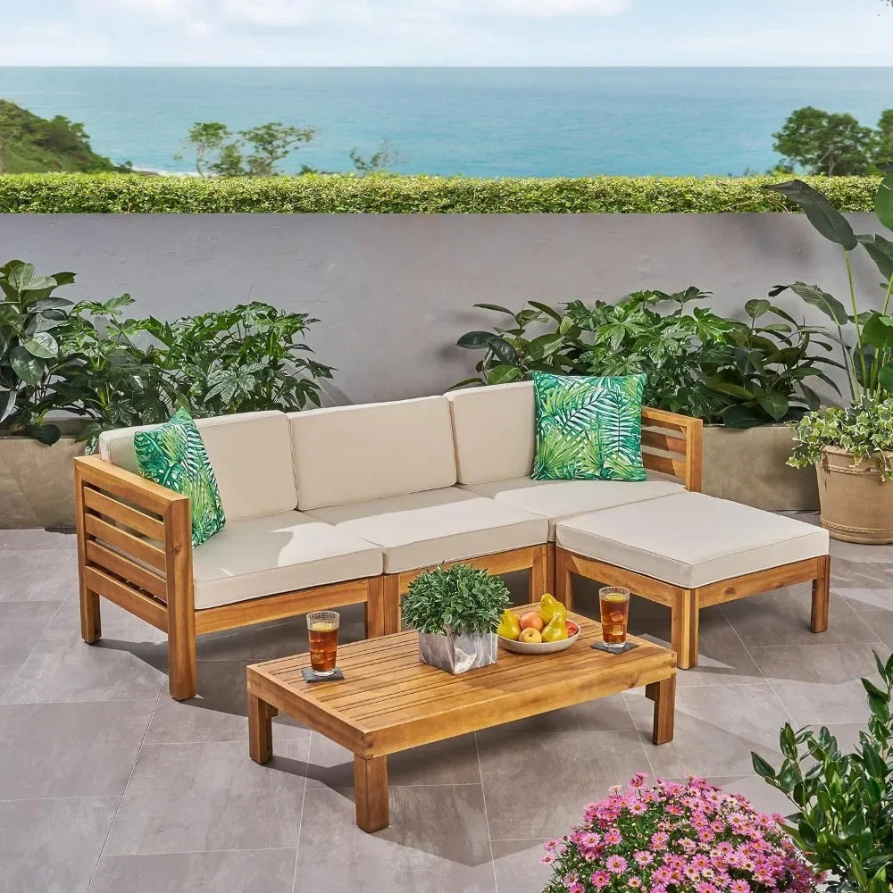 L # Alice Outdoor 5 Piece Acacia Wood Sofa Set, Teak Finish, Beige