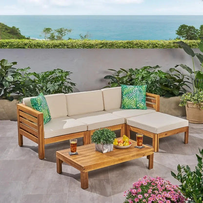 L # Alice Outdoor 5 Piece Acacia Wood Sofa Set, Teak Finish, Beige
