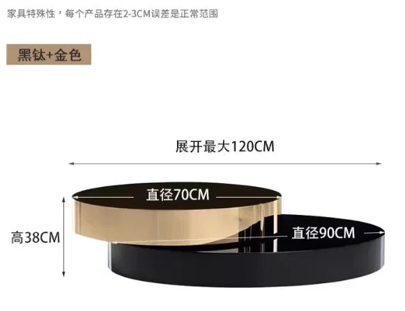 High end stainless steel brass mirror circular coffee table, double-layer modern luxury rotating black gold coffee table