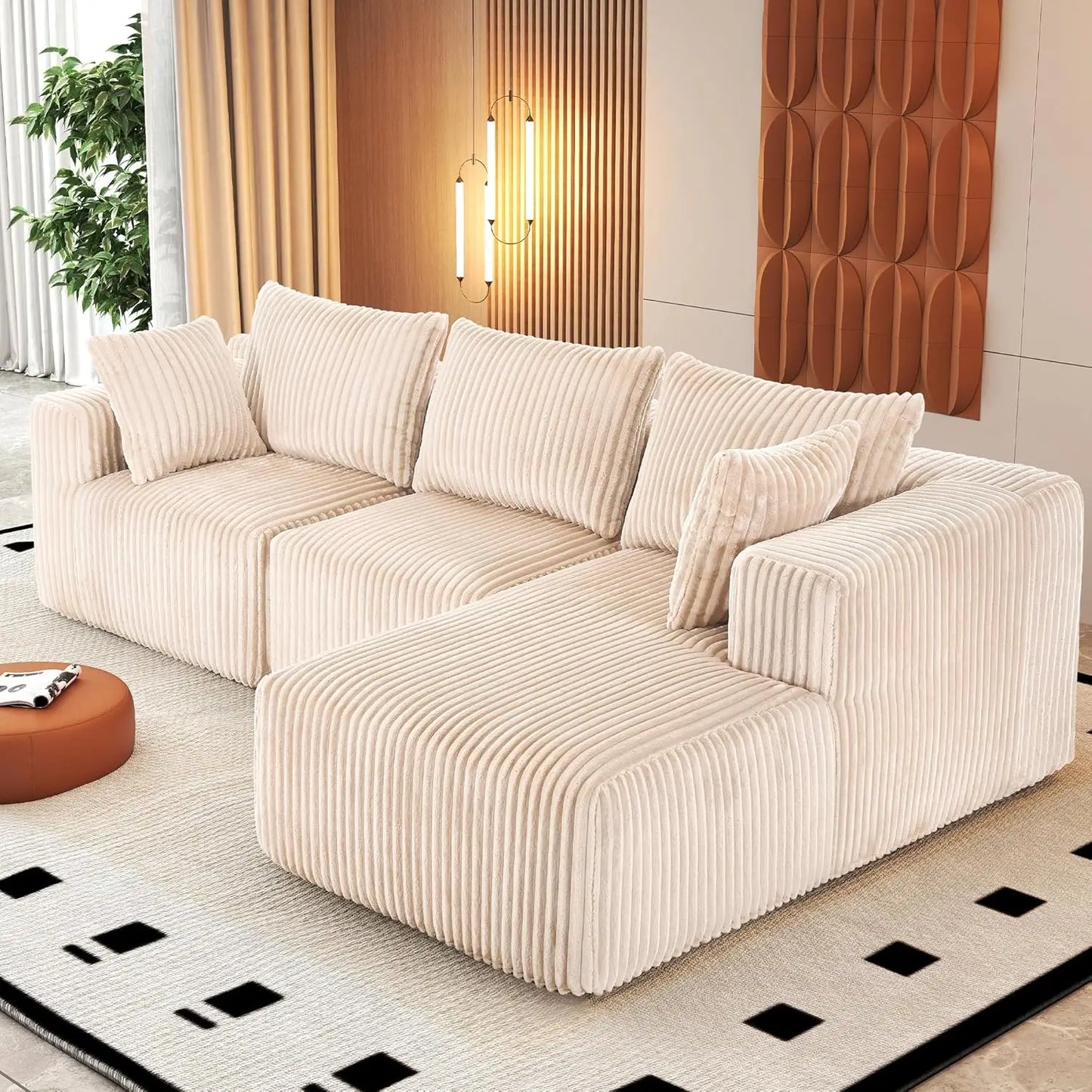 Modern Minimalist Sectional Sofa: L-Shape Cloud Couch with Deep Seats Right Chaise - Black