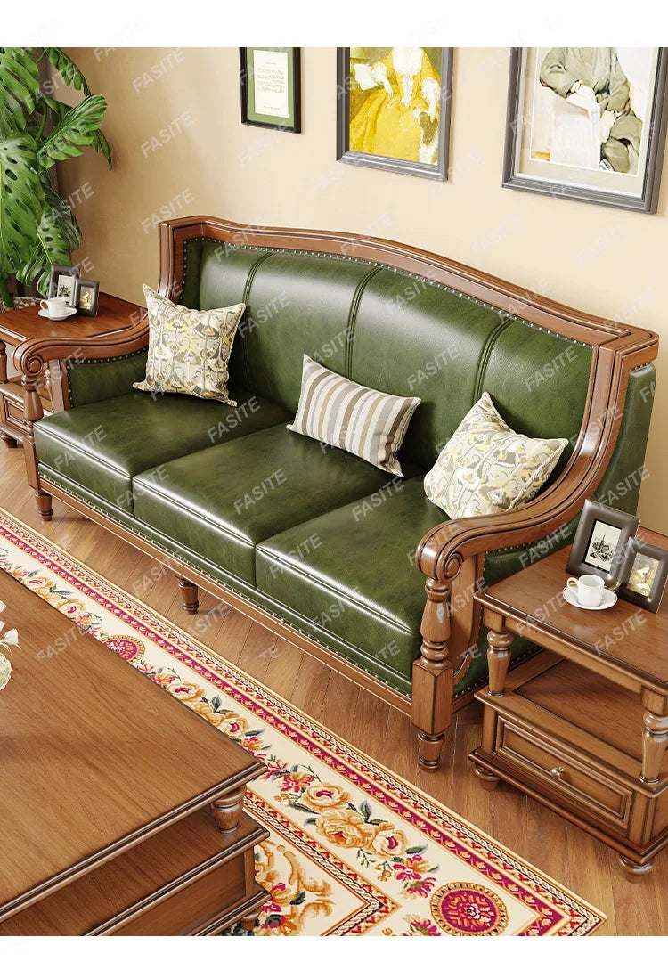 American leather sofa solid wood retro sofa 123 combination first layer cowhide living room villa