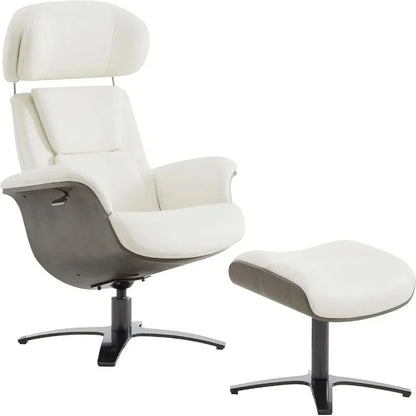 Reclining Swivel Chair with Adjustable Headrest and Ottoman in White, Made with 100% Top Grain Leather for Living Room Use