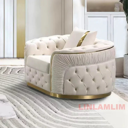 Luxury Chesterfield Sectional Sofa Set With Cloth Buttons And Fabric Modular Couch With Gold Stainless Steel Base, 3-seater