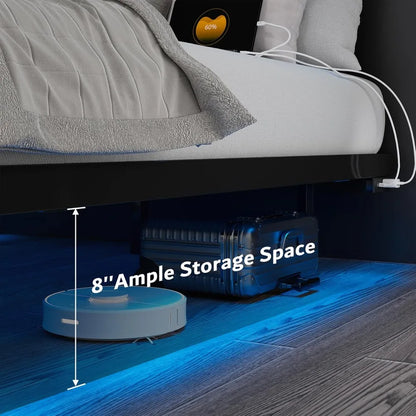 Floating Bed Frame with Charging Station and Led Light, Platform Metal Bed Frame with Heavy Duty Steel Slats Support
