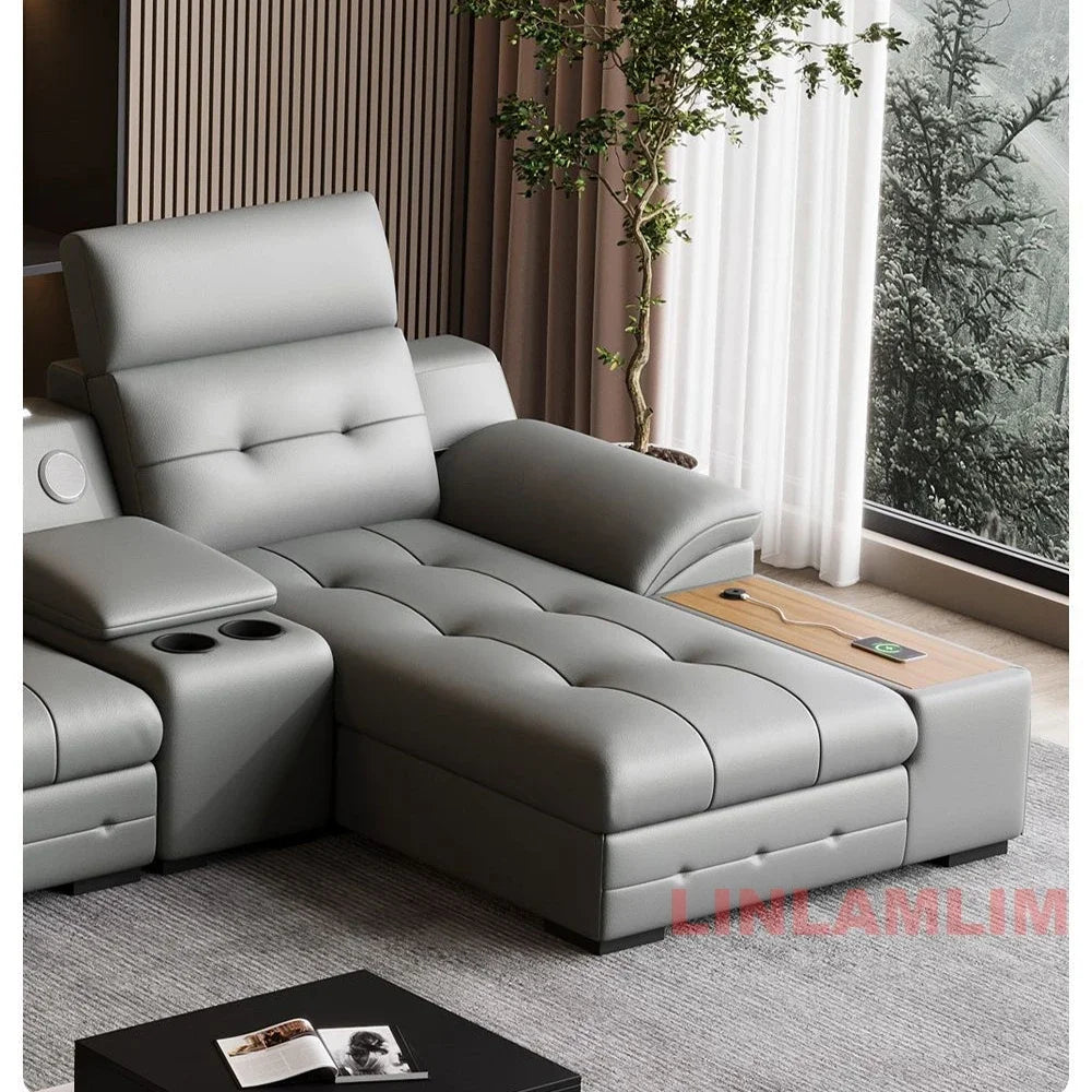 Electric Reclining Sectional Sofa Bed with Cup Holder & Adjustable Headrests – Italian Genuine Leather Convertible Sleeper Couch