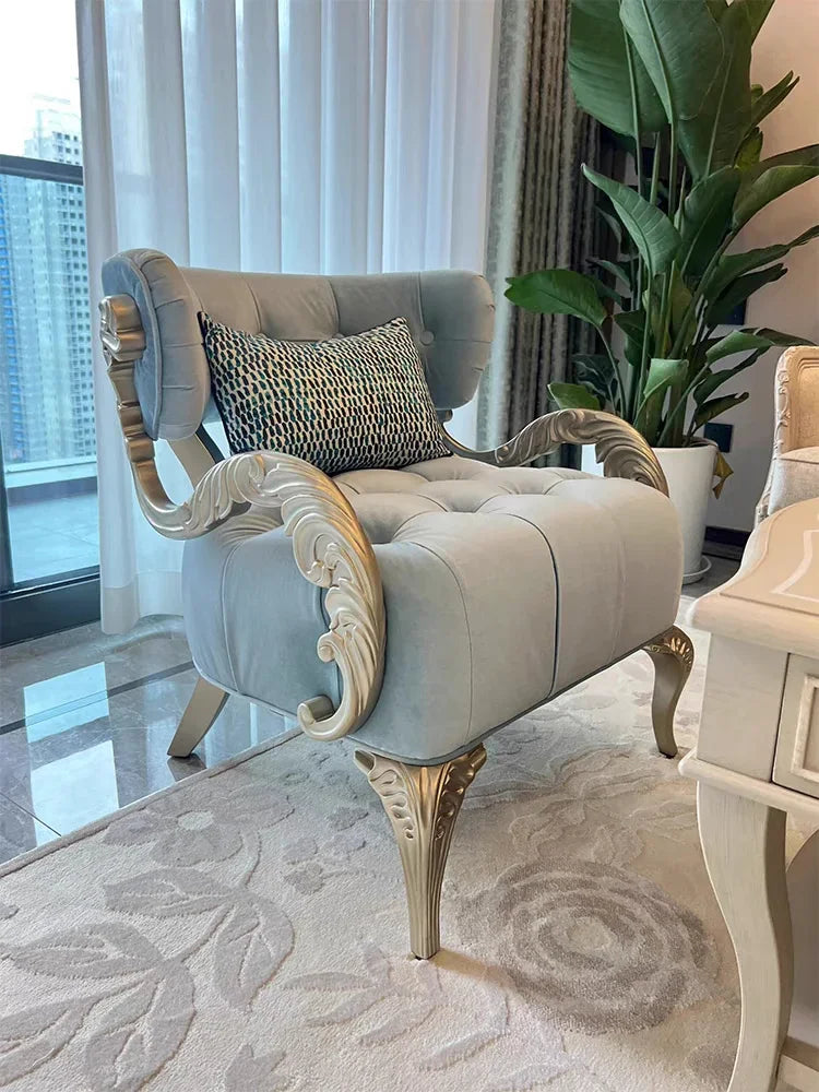 WWAmerican Light Luxury Wood Carved Couch Living Room Balcony Bedroom Fabric Craft Single Sofa Leisure