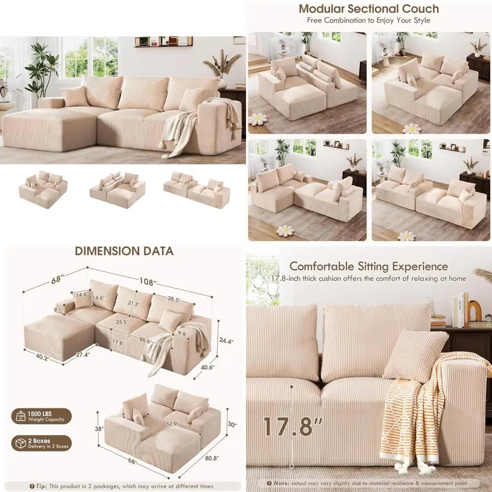 Modern Oversized L-Shape Corduroy Sectional Sofa with Comfort Height and Neck Pillow for Living Room