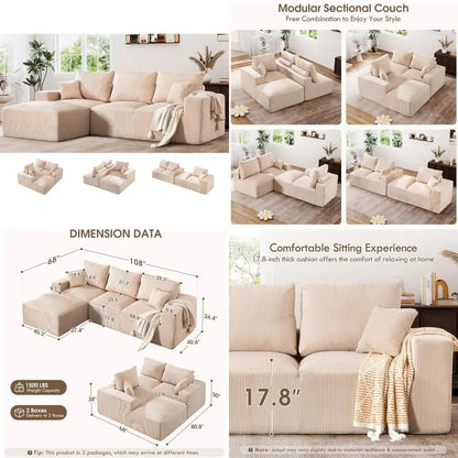 Modern Oversized L-Shape Corduroy Sectional Sofa with Comfort Height and Neck Pillow for Living Room