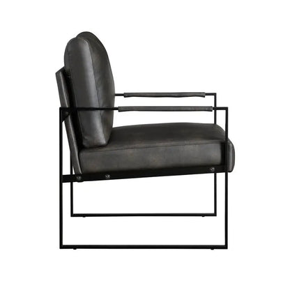 Modern Accent Chair with Cushioned Seat in Dark Gray Faux Leather, Stylish Black Metal Frame, Comfort, Durability, and Elegant