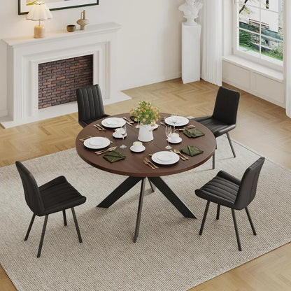 Mid-Century Modern Round Dining Table Set for 4, Walnut Wood Table & Black Chairs, Small Space Furniture