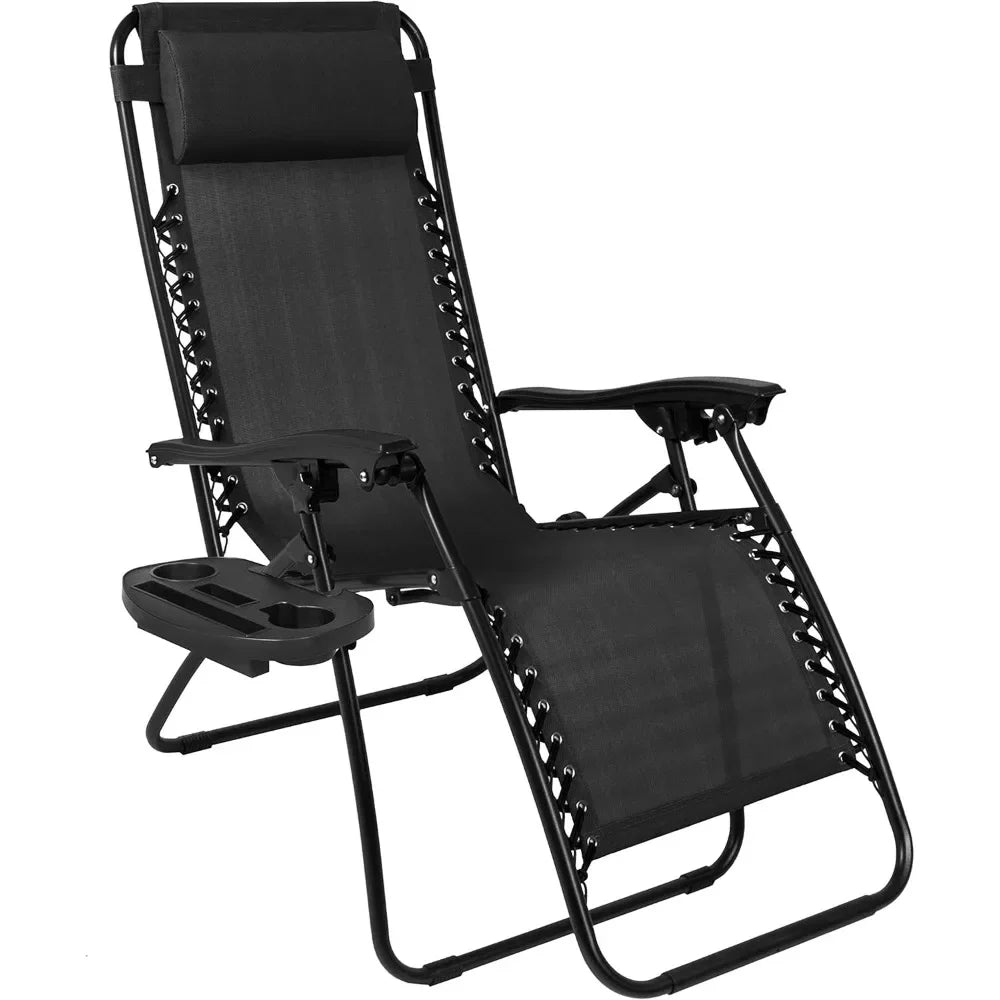 Two-Piece Adjustable Steel Mesh Zero Gravity Lounge Chair Recliner, with Pillow and Cup Holder Tray, Black