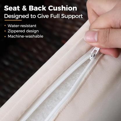 brown wicker outdoor patio furniture set with 4 pieces, conversation area for deck or porch, includes cushioned rattan sofa chai