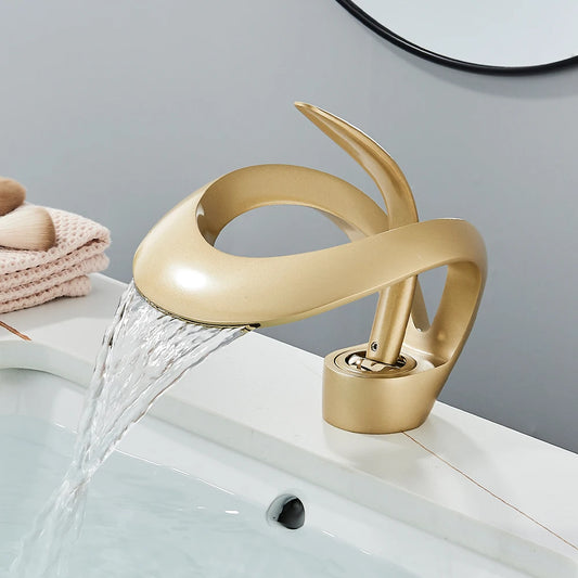 Gold Bathroom Basin Faucet Brass Waterfall Single Handle Crane Hot Cold Water Mixer Tap New Style