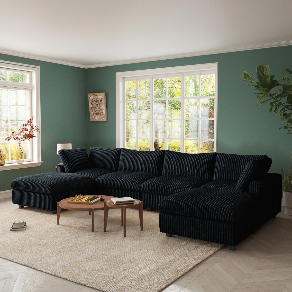 ATUNUS USA in Stock Drop Shipping Cloud Sofa Living Room Furniture Black Corduroy Modular Sectional Couch Sofa Set