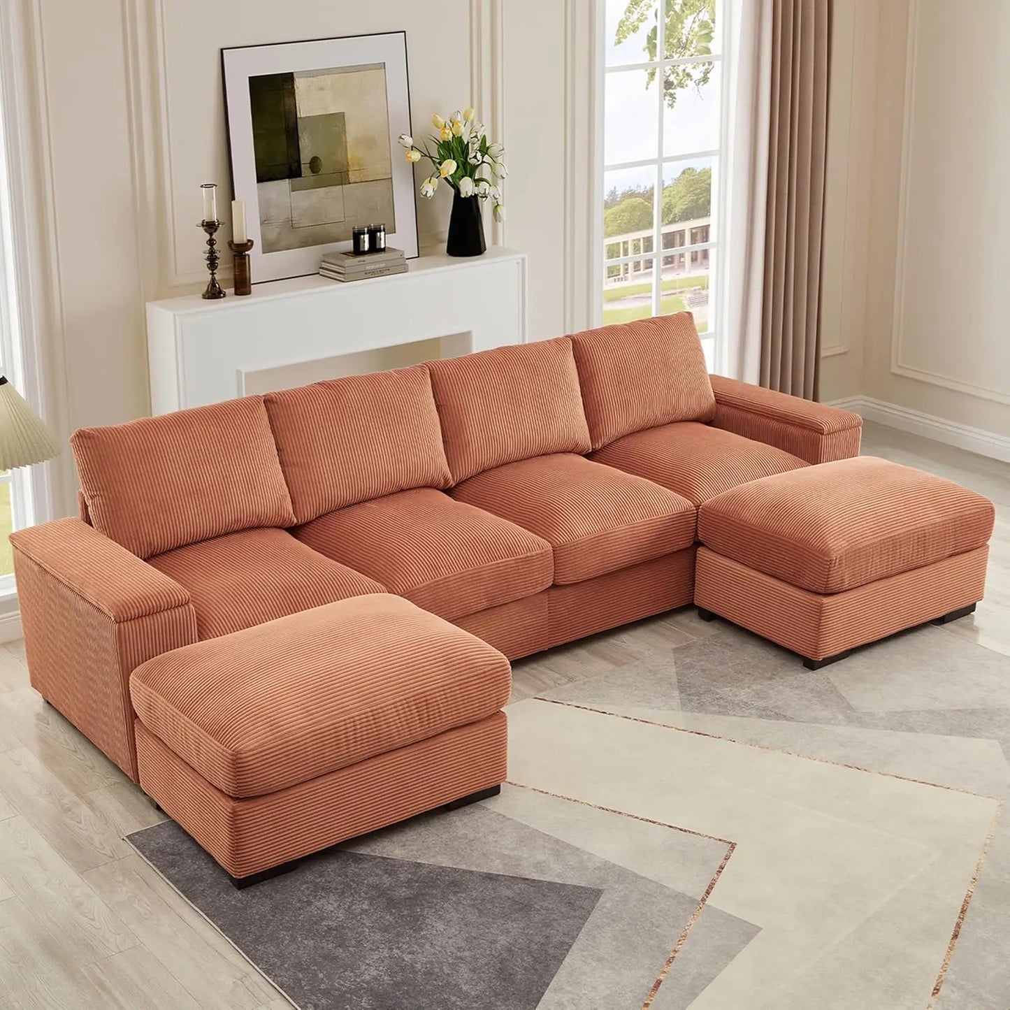 U-Shaped Cloud Couches for Living Room,122" Modular Sectional Cloud Sofas with Deep Seat Removable Ottomans,Modern Corduroy