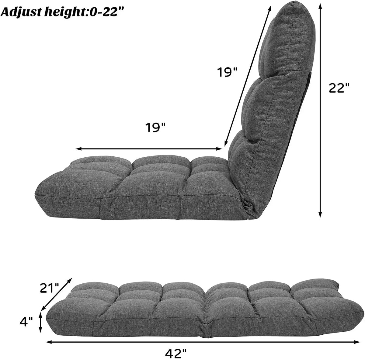 Adjustable Floor Gaming Sofa Chair 14-Position Cushioned Folding Lazy Recliner High Resilience Sponge Breathable Cotton Linen Fa