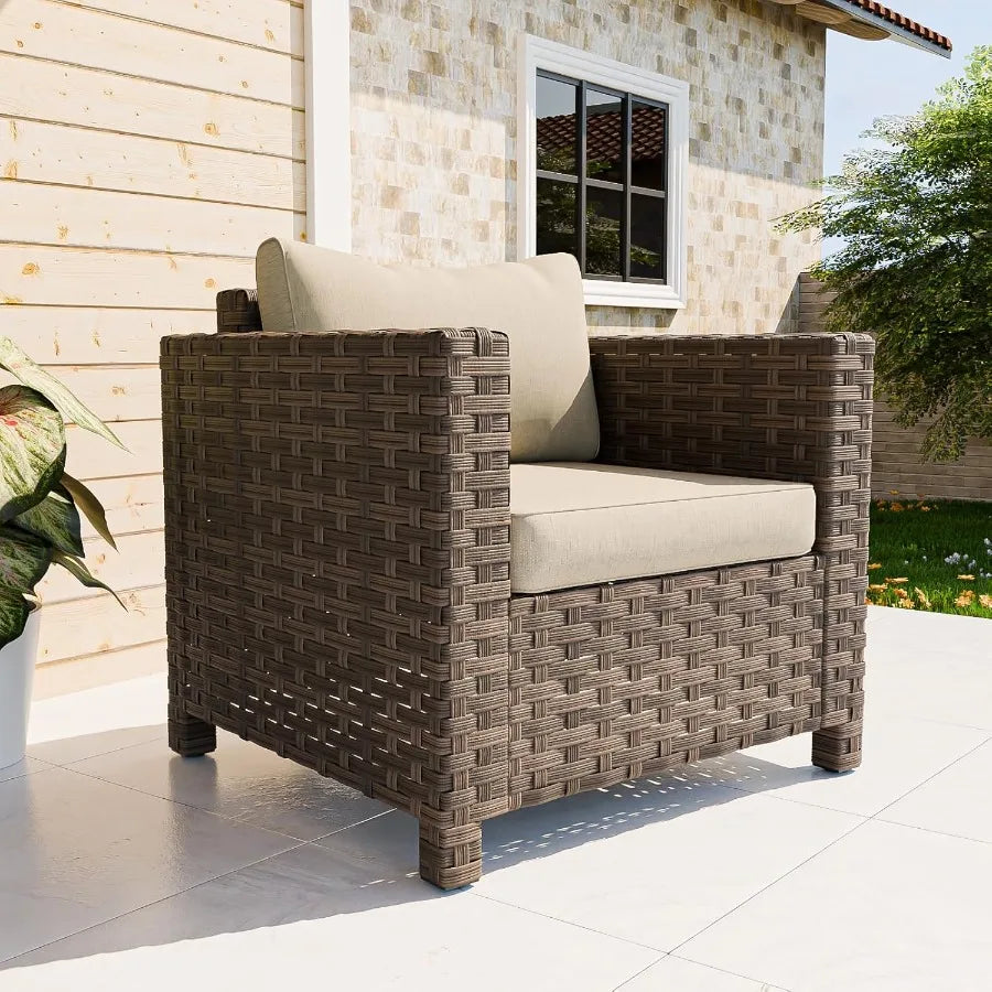 Coastal Haven Wicker Outdoor Chair Rattan Patio Arm Chair Set of 1 for Small Balcony Furniture Backyard Porch Garden Brown Beig