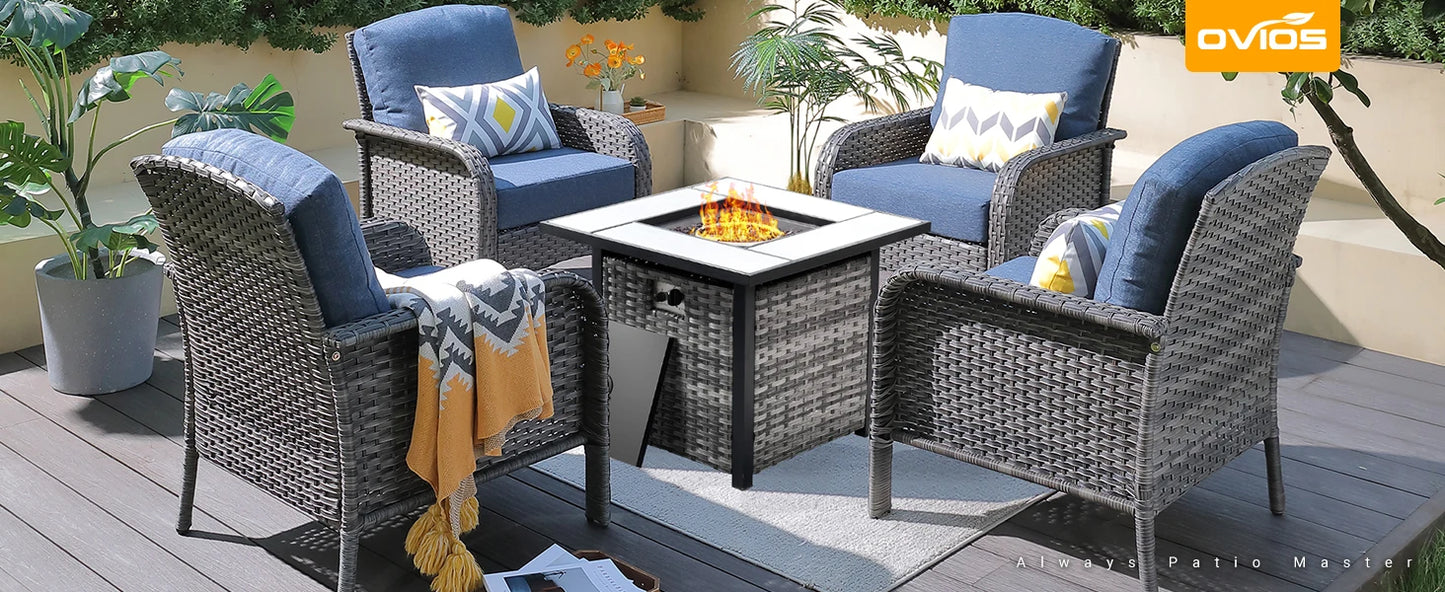 4 Pieces Patio Furniture Set with 30" Fire Pit Table, Outdoor Wicker Chairs of 4, All Weather High Back Rattan Chairs 4-Seater w
