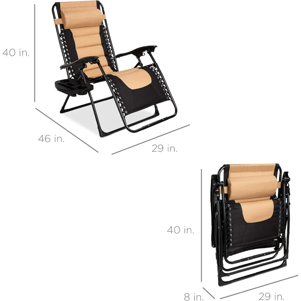 Oversized Padded Zero Gravity Chair, Folding Outdoor Patio Recliner, XL Anti Gravity Lounger for Backyard w/Headrest, Cup Holder