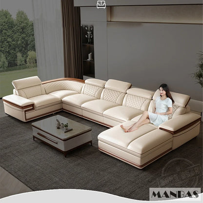 MINGDIBAO Premium Italian Genuine Leather Sofa Set for Living Room with Adjustable Headrests and Built-in Bluetooth Speaker, USB