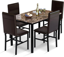 Faux Marble Dining Table Set for 4, PU Leather Chairs, Modern Kitchen Table & Chairs, Coffee Color