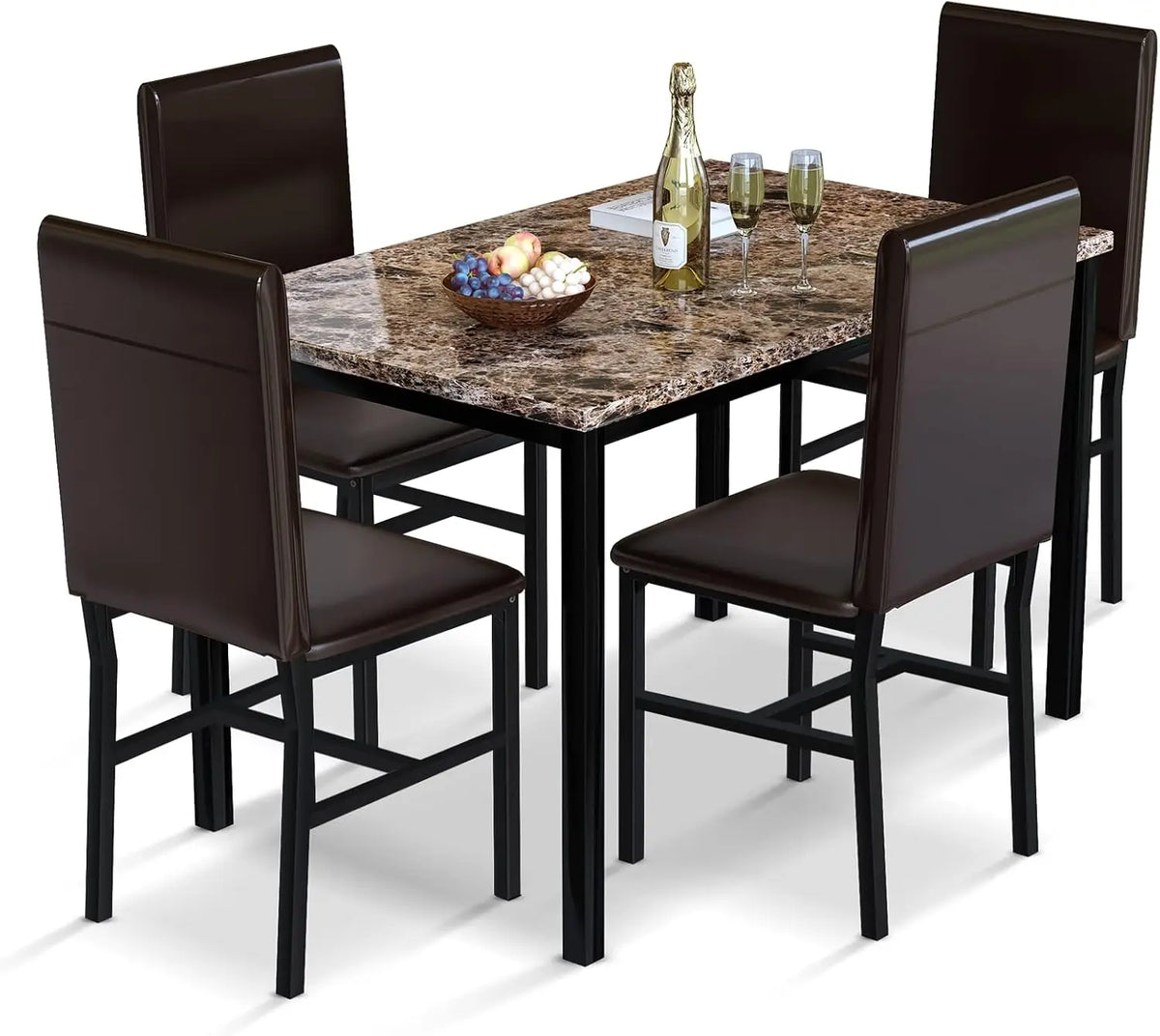 Faux Marble Dining Table Set for 4, PU Leather Chairs, Modern Kitchen Table & Chairs, Coffee Color