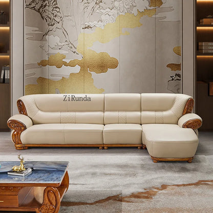 Ebony leather sofa, living room solid wood princess corner sofa, modern furniture