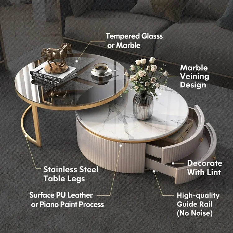 #Luxury Furniture Marble Top Gold Stainless Steel Frame Sectional Glass Round Coffee Table