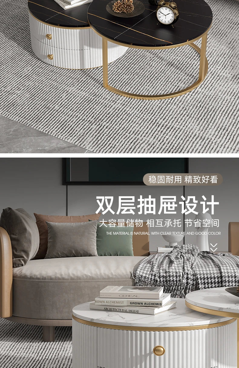 Rock slab coffee table round light luxury TV cabinet combination living room household marble size round