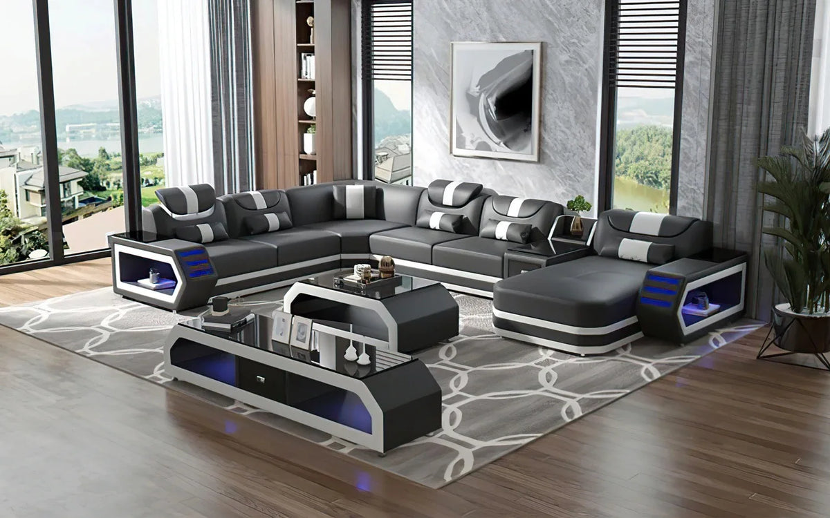 High Quality Luxury Design Leather Sectional Sofa Set with LED Light Genuine Leather Black Wholesale Living Room Furniture