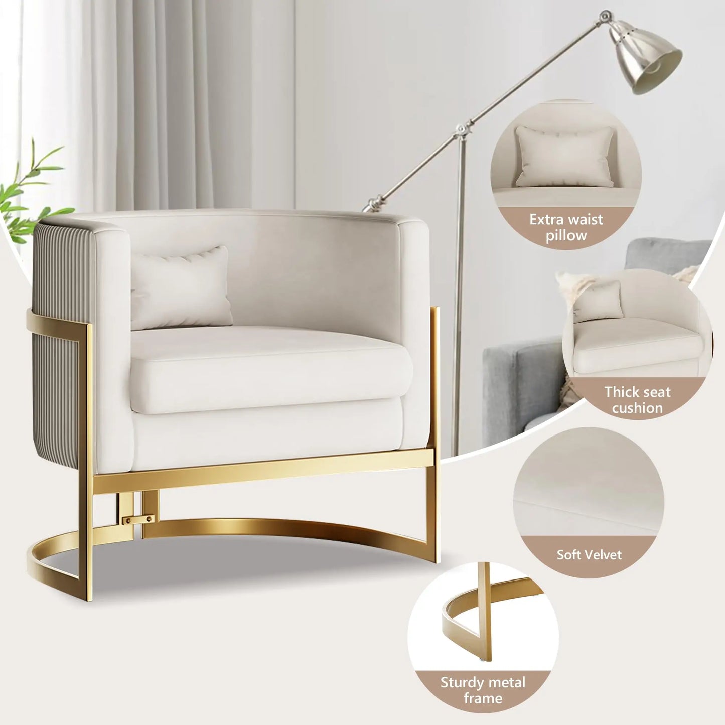 Velvet Upholstered Accent Chair with Gold Frame, Modern Barrel Armchair for Bedroom, Living Room, or Vanity Corner