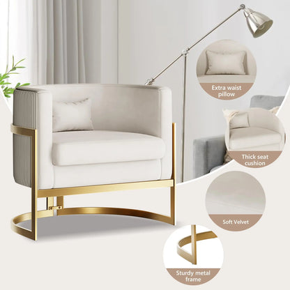Velvet Upholstered Accent Chair with Gold Frame, Modern Barrel Armchair for Bedroom, Living Room, or Vanity Corner