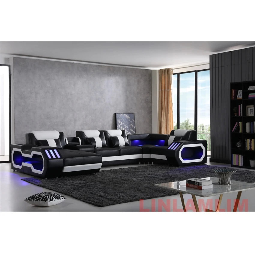 Modern LED Lighted Sofa Set with Recliner, Adjustable Headrest & Console | Luxury Leather Sectional Couch | Futuristic Furniture