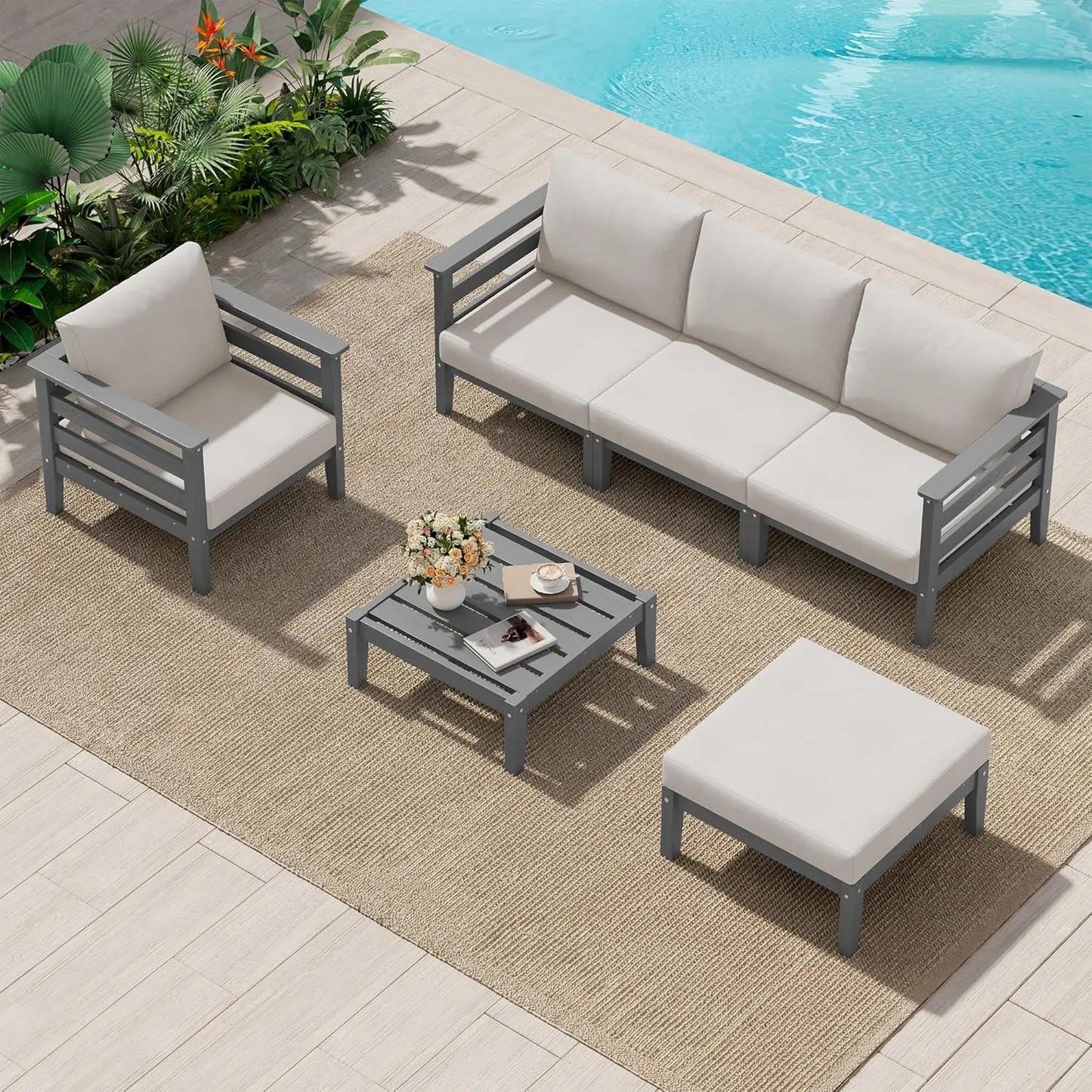 HDPE Patio Furniture Set, 6 Pieces Outdoor Sectional Sofa Set, All-Weather Wood-Like Outdoor Sofa Couch with Coffee Table for D