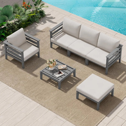 HDPE Patio Furniture Set, 6 Pieces Outdoor Sectional Sofa Set, All-Weather Wood-Like Outdoor Sofa Couch with Coffee Table for D