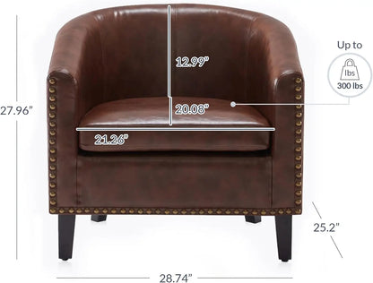 Accent Barrel Chair, Set of 2 Modern Faux Leather Tub Club Chairs with Gold Nail Trim & Black Legs - Brown