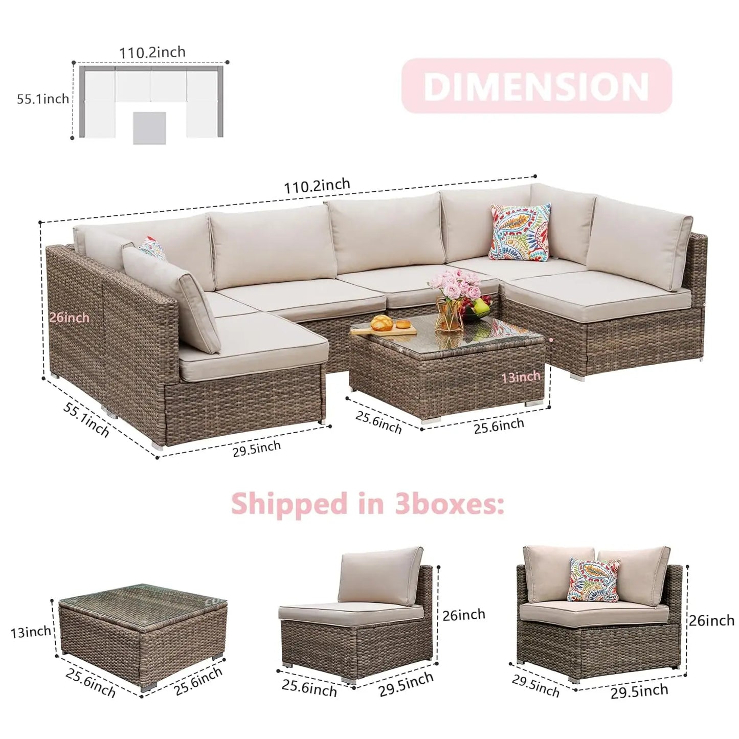 7 Pieces Patio Furniture Set - All-Weather Outdoor Wicker Sectional Conversation Sofa, Rattan Patio Seating Sofa, Customized
