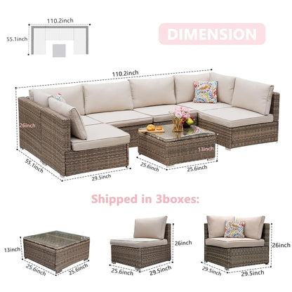 7 Pieces Patio Furniture Set - All-Weather Outdoor Wicker Sectional Conversation Sofa, Rattan Patio Seating Sofa, Customized