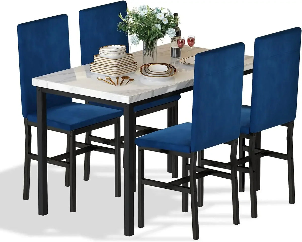 # Hot Sales Dining Table Set For 4- Space And Chairs For 4 Modern Style Faux Marble Tabletop & 4 Blue Velvet Chairs For Dining R