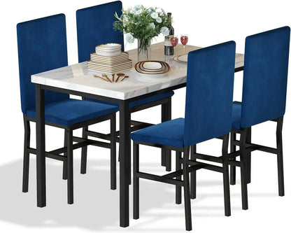 # Hot Sales Dining Table Set For 4- Space And Chairs For 4 Modern Style Faux Marble Tabletop & 4 Blue Velvet Chairs For Dining R