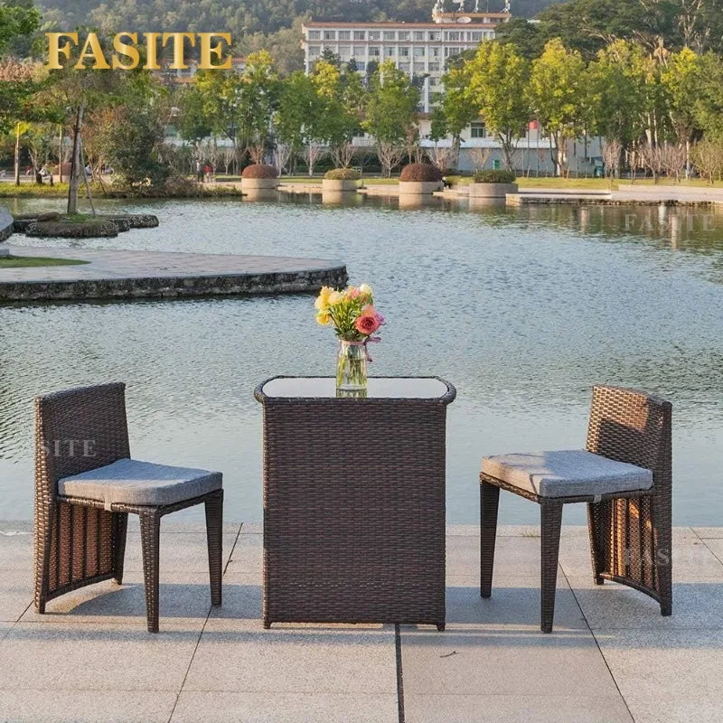 Outdoor Table, 3 PCS Wicker Outdoor Patio Set, with Glass Top Table Dining Chairs, Tables and Chairs Set of 2