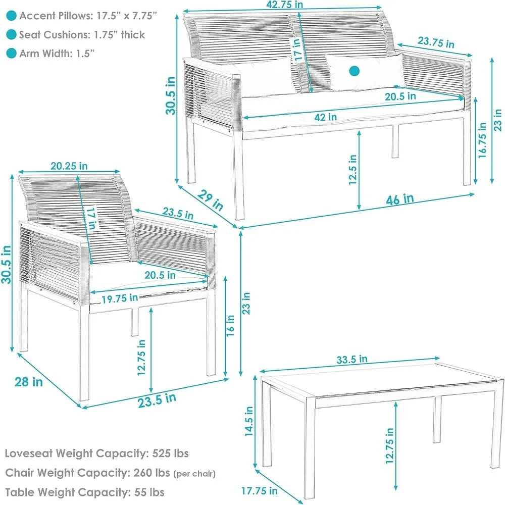 Coachford 4-Piece Patio Conversation Furniture Set - 1 Loveseat, 2 Chairs And 1 Coffee Table - Thick Blue Cushions